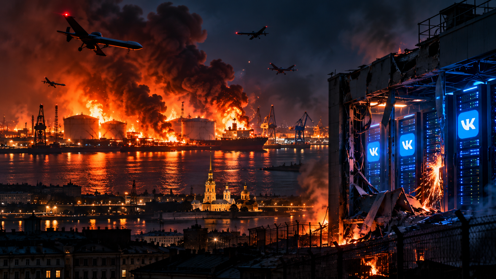 Ніч вибухів у Росії: нафтовий термінал горить, атаковано дата-центр VK, у Петербурзі зникло світло